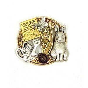 Vintage Gardening Theme Round Brooch/Pin Gold & Silver Tone